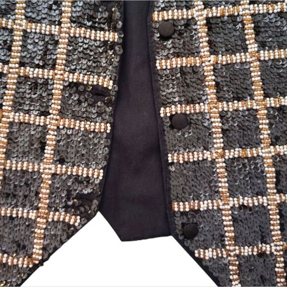 VTG 90s Black White Gold Sequins Beaded Checkered Formal Vest Medium - Picture 9 of 16